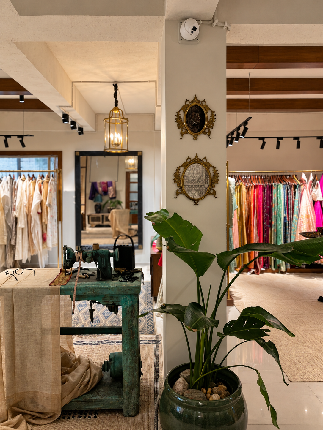 Designer boutique interior with vintage sewing machine, Kolkata