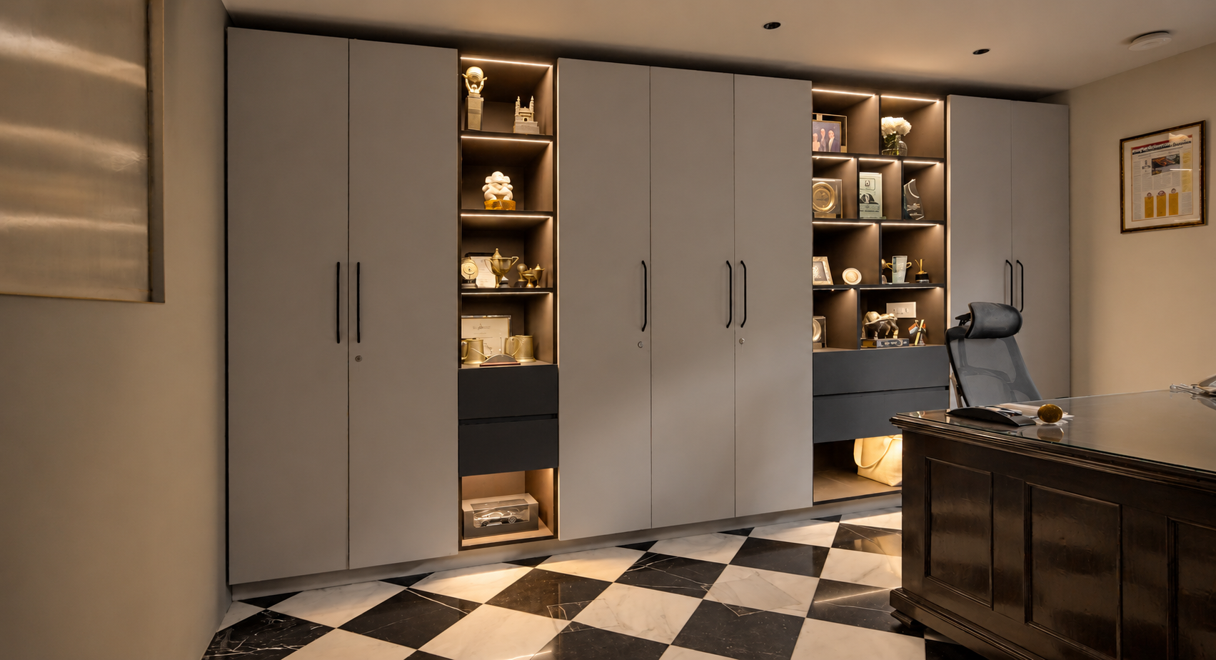 Office storage wall with display shelving, Lansdowne, Kolkata