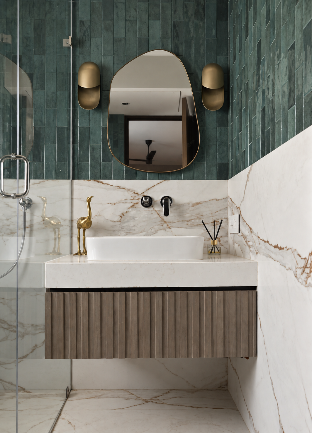 Bathroom with green tile and marble vanity, showcase villa, Bantala