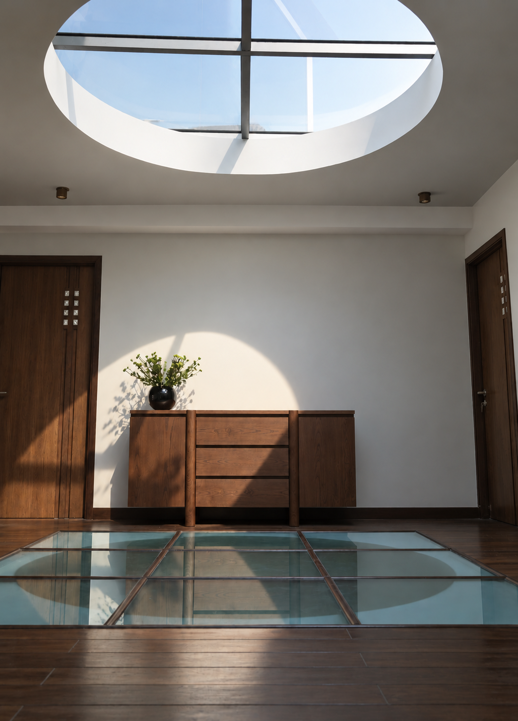 Foyer with circular skylight and glass floor, showcase villa, Bantala