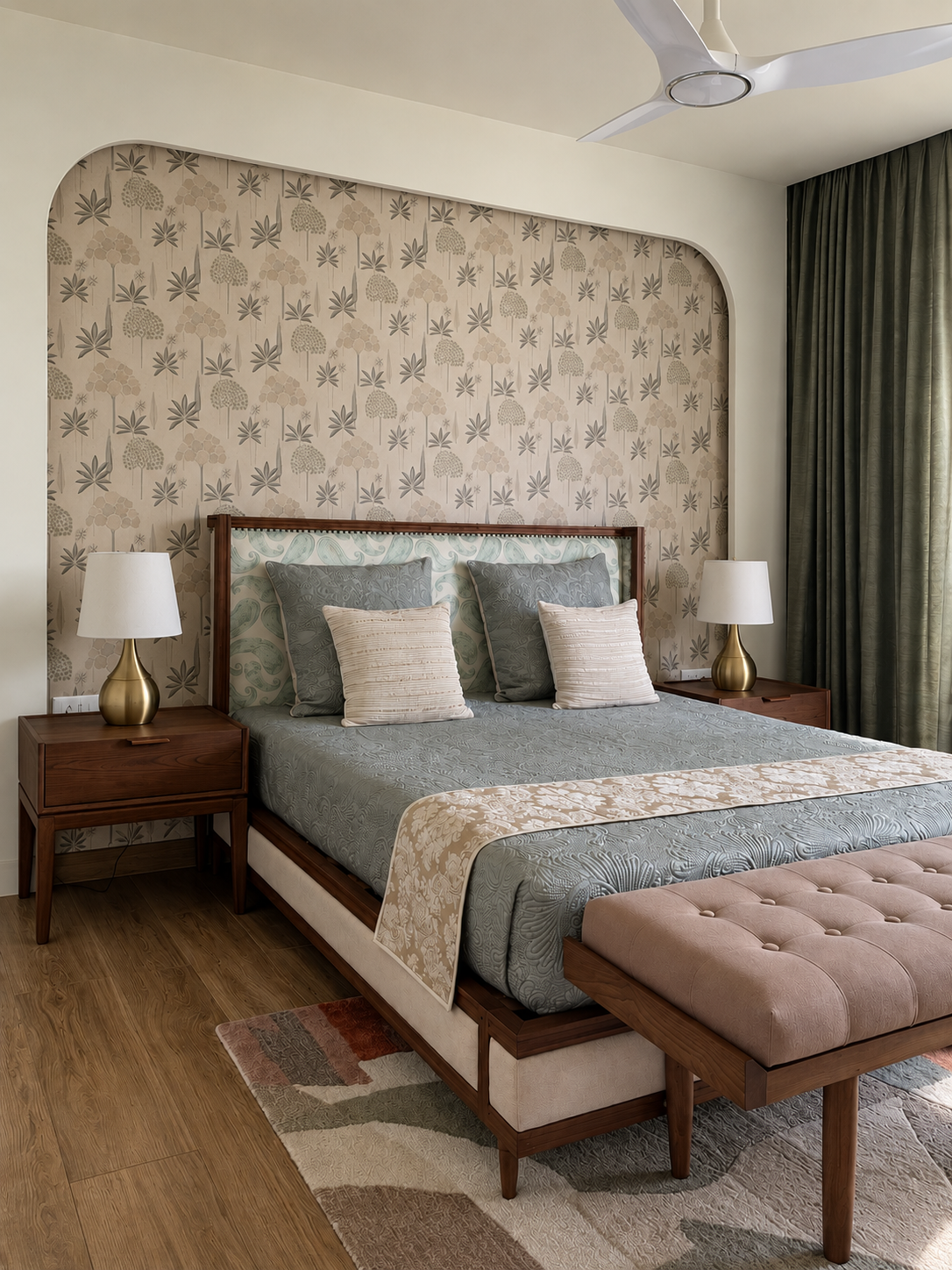 Master bedroom with wallpaper headboard, showcase villa, Bantala